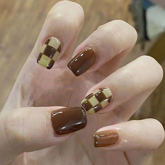 Autumn Elegance Long Square Chocolate Brown Plaid Accent Press On Nail Set