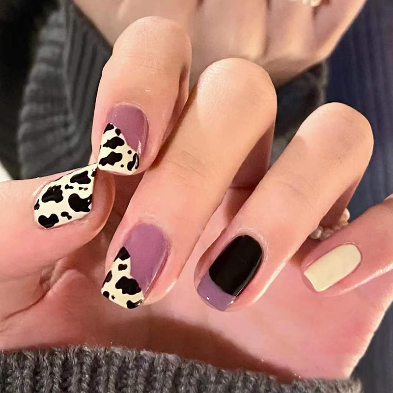 Safari Chic Long Square Press on Nail Set in Lavender, Black & White with Animal Print Accents