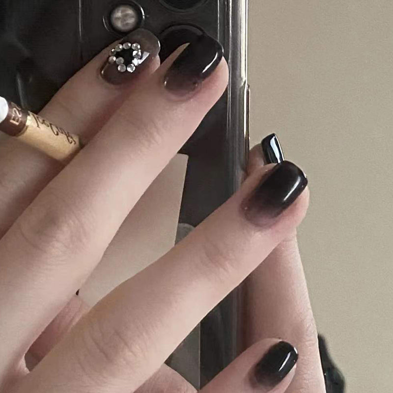 Elegance in Black Medium Square Shape Press On Nail Set with Rhinestone Accents