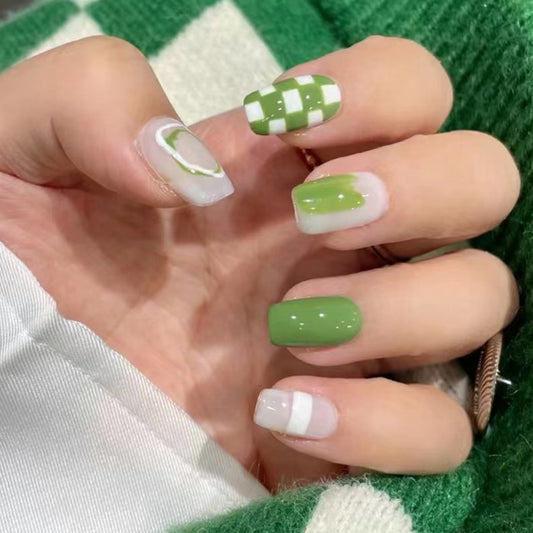 Emerald Elegance Medium Length Square Press On Nail Set in Green and White with Checkered Pattern Design