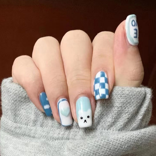 Cozy Winter Wonderland Long Length Square Blue Press On Nails with Plaid Design and Adorable Bear Accent