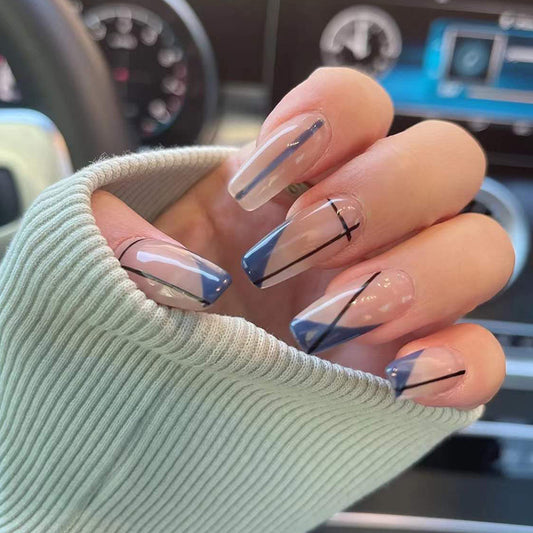 Cosmopolitan Chic Extra Long Coffin Clear and Blue Ombre Press On Nail Set with Elegant Geometric Art Design