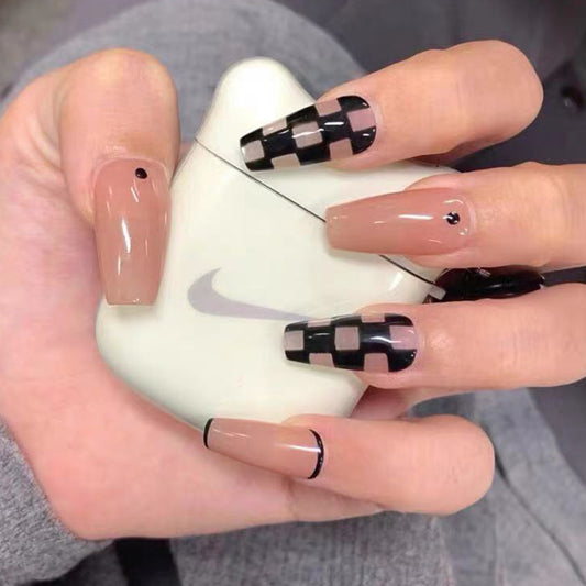 Urban Chic Long Coffin Black and beige Checkered Press On Nails with Accent Stripes