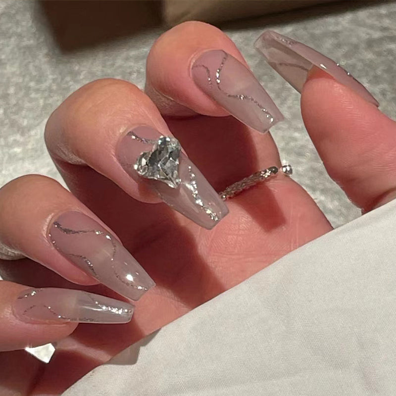 Elegant Crystal Charm Long Coffin Clear Press On Nail Set with Glitter Accents