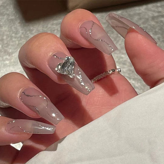 Elegant Crystal Charm Long Coffin Clear Press On Nail Set with Glitter Accents