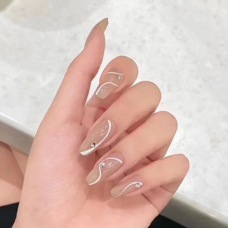 Elegant Bridal Coffin-Shape Long Beige Press On Nails with Crystal Accents