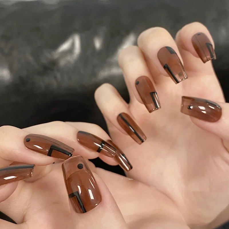 Autumn Elegance Long Coffin Chocolate Brown Press On Nails with Glossy Finish and Abstract Design