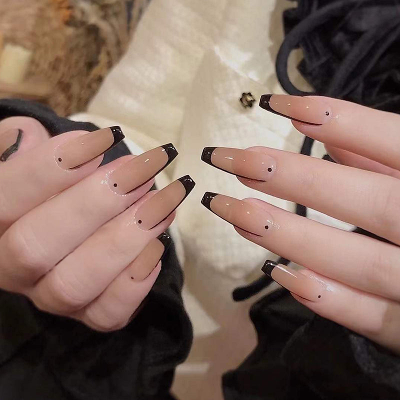 Elegant Evening Long Coffin beige and Black Press On Nails with Rhinestone Accents