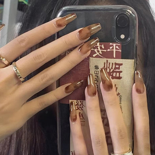 Oriental Espresso Elegance Long Coffin Brown Metallic Sheen Press On Nail Set