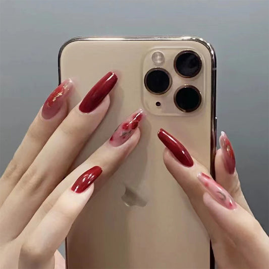 Glamour Night Long Coffin Burgundy Press On Nail Set with Floral Accents