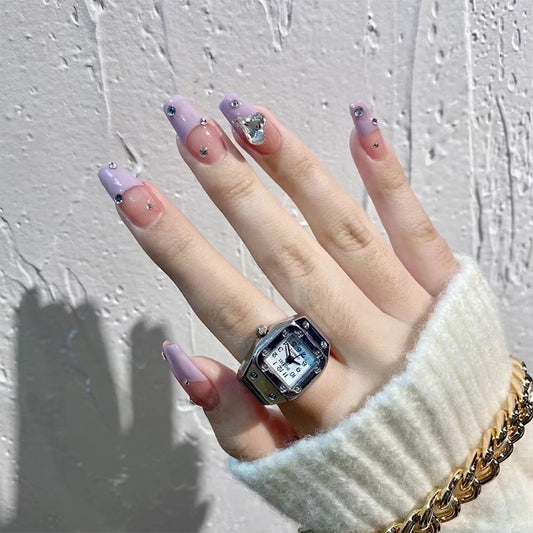 Enchanted Evening Long Coffin Ombre Purple Press On Nail Set with Rhinestone Accents