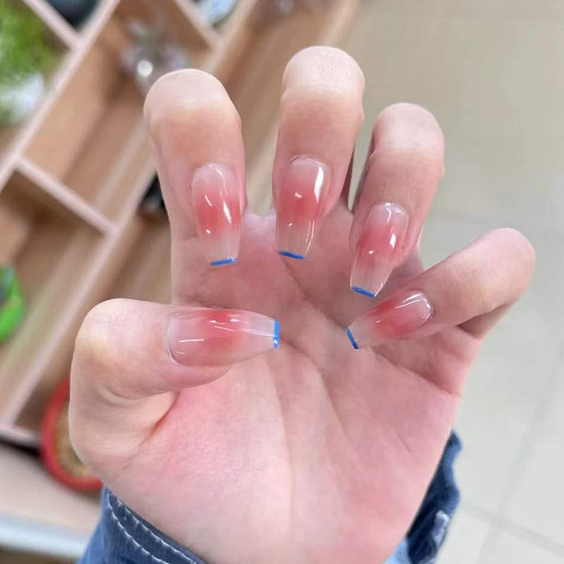 Elegant Ocean Breeze Long Coffin Shaped beige Press On Nails with Blue Accents