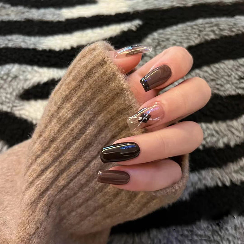 Elegant Fall Collection Long Square Brown Press On Nails with Clear Accent and Butterfly Decals