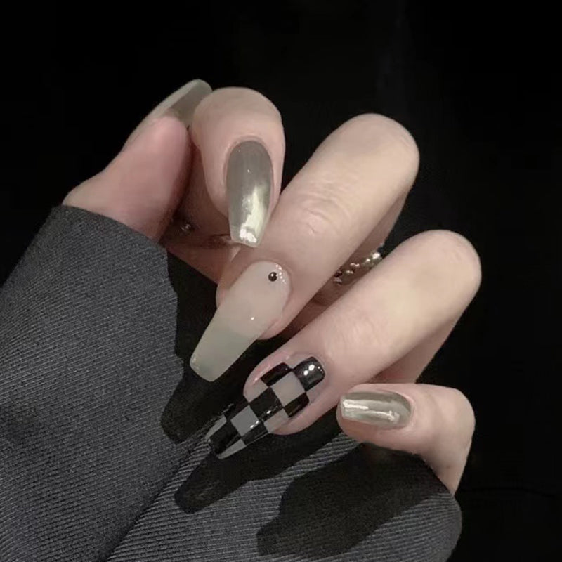 Mystic Moonlight Long Coffin Shaped Grey Ombre Press On Nail Set with Checkered Accent Nails