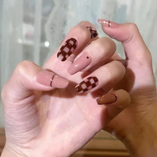 Chocolate Dream Long Coffin Brown Gradient Checkered Pattern Press On Nail Set