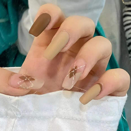 Earthy Elegance Long Coffin Matte Taupe Press On Nails with Geometric Accent Design