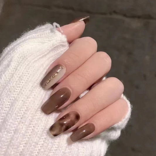 Elegant Cafe Latte Long Coffin Brown Press On Nails with Gold Glitter Accent