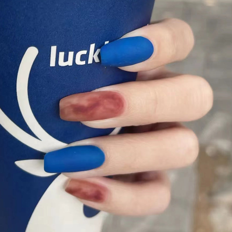 Ocean Mystery Long Coffin Matte Blue Press On Nail Set with Seamless Finish