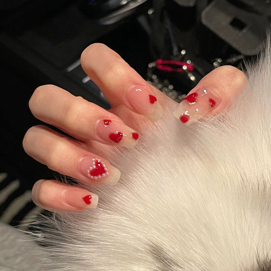 Enchanted Romance Long-Length Square Clear Press On Nail Set with Red Heart Glitter Accents