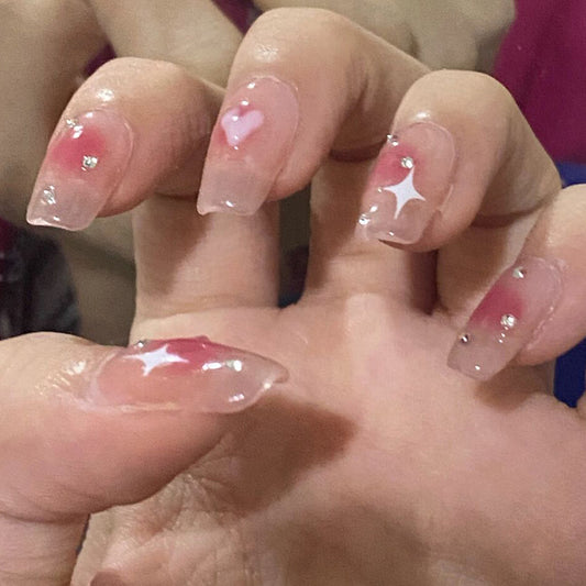 Enchanted Romance Long Coffin Pink Glitter Accented Press On Nail Set with Rhinestones