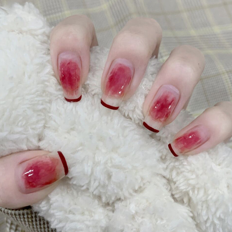 Cherry Blossom Bliss Long Length Square Red Ombre Press On Nail Set with Accent French Tips