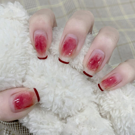 Cherry Blossom Bliss Long Length Square Red Ombre Press On Nail Set with Accent French Tips