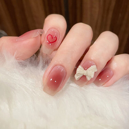 Romantic Elegance Long Square Pink Press On Nail Set with 3D Bow Accents and Love Heart Design
