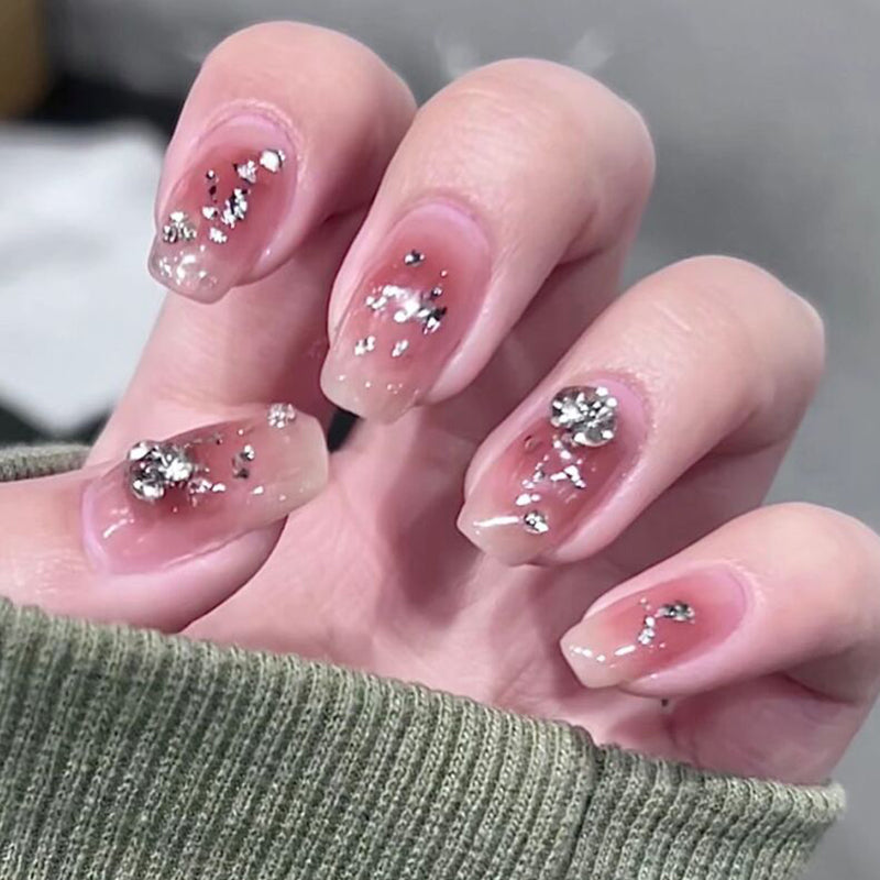 Enchanted Elegance Long Length Square Pink Press On Nail Set with Sparkling Rhinestone Accents