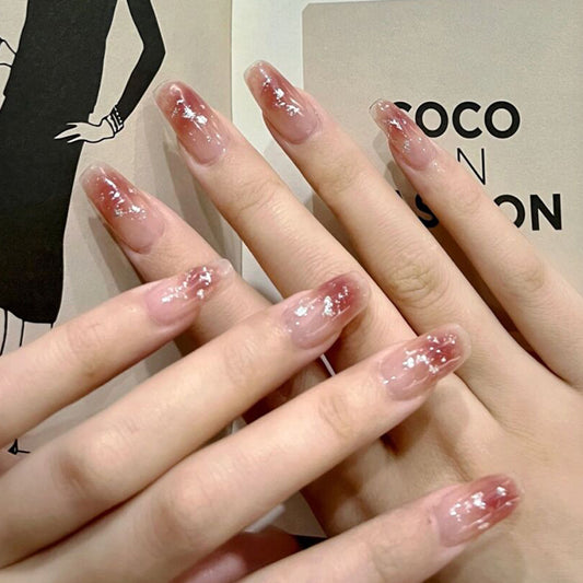 Elegant Sparkle Series Long Square beige Pink Press On Nails with Glitter Accents