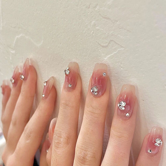Elegant Sparkle Long Square Blush Pink Press on Nail Set with Rhinestone Accents