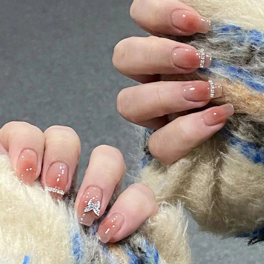 Elegant Soiree Long Square Beige Press On Nails with Rhinestone Accents and Butterfly Embellishments