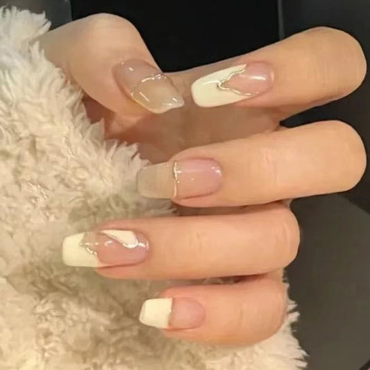 Elegant Bridal Collection Long Coffin Beige Press On Nails with Accent Marble Design