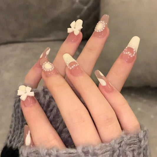Floral Fantasy Extra-Long Coffin-Shaped Pink and White Ombre Press On Nails with 3D Butterfly Appliques