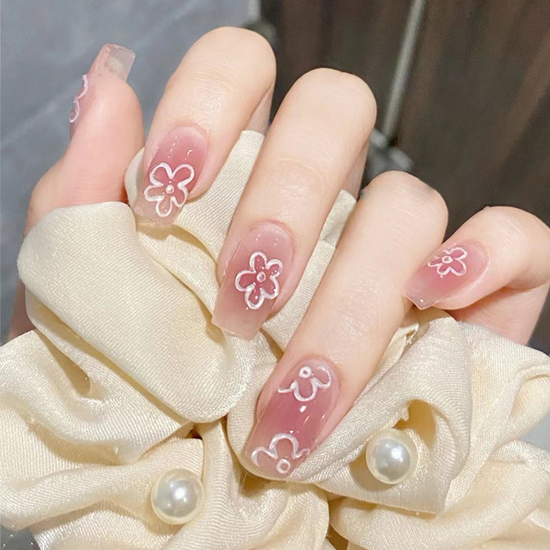 Spring Blossom Long Length Square Pink Press On Nails with 3D Flower Design