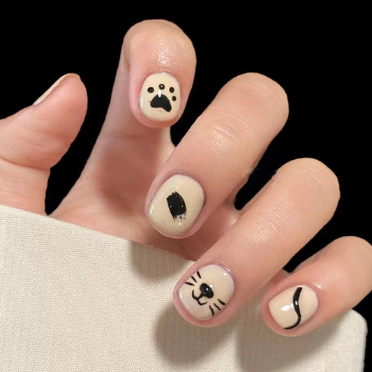 Chic Animal Party Short Oval Beige Press On Nails with Playful Pet Accents