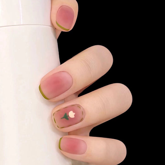 Elegant Springtime Medium-Length Square Peach Press On Nail Set with Green Accents and Star Design