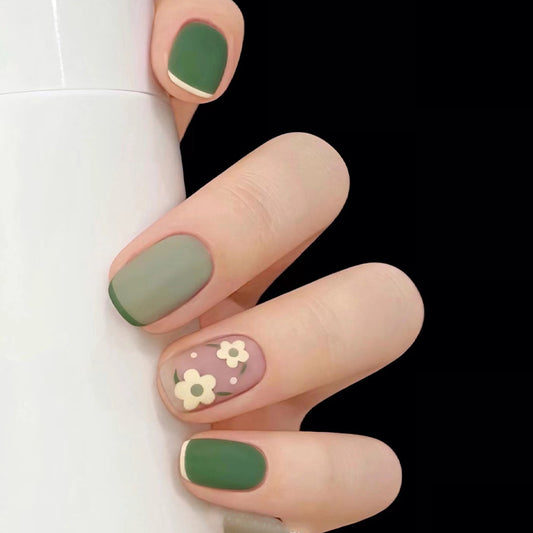 Spring Blossom Collection Medium Length Square Shape Multicolor Green and beige Floral Press On Nail Set