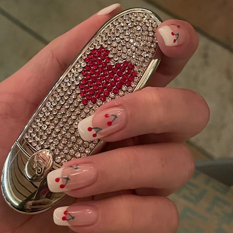 Valentine's Romance Long Square Light Pink Press On Nail Set with Cherry Blossom Accents