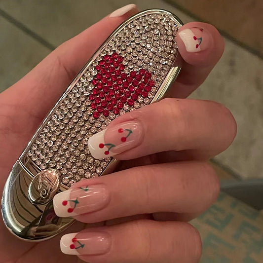 Valentine's Romance Long Square Light Pink Press On Nail Set with Cherry Blossom Accents