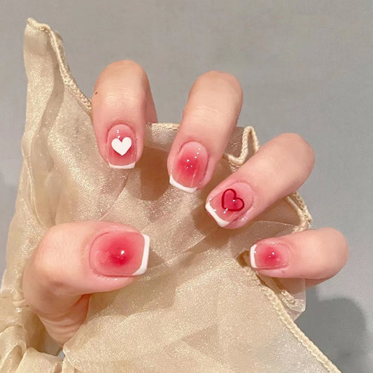 Romantic Elegance Medium Length Square Pink Press On Nails with Lovestruck Heart Accents