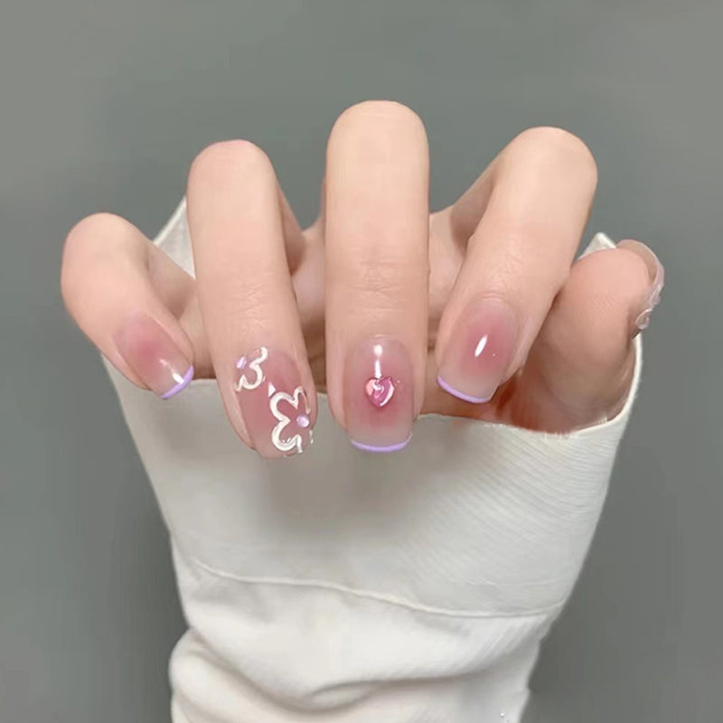 Elegant Floral Medium Square Pink Ombre Press On Nails with 3D Embellishments