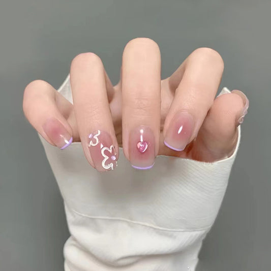 Elegant Floral Medium Square Pink Ombre Press On Nails with 3D Embellishments
