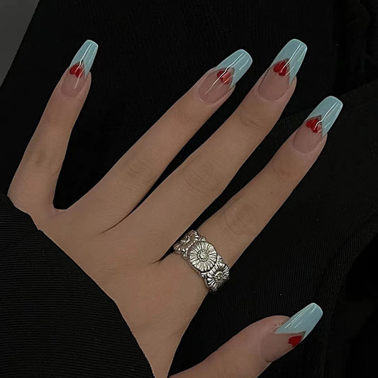 Enchanted Elegance Long Square Red and Clear Press On Nails with Heart Accents