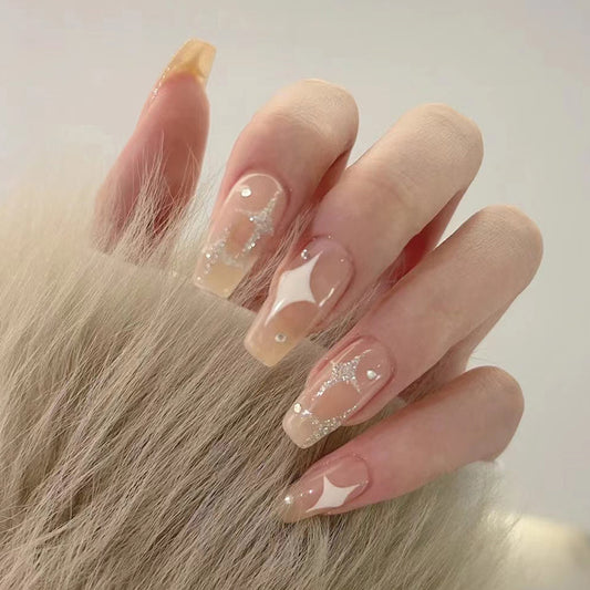 Enchanted Elegance Extra-Long Coffin Beige Press On Nails with Rhinestone Accents