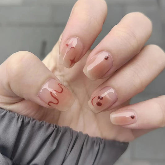 Autumn Elegance Medium Length Square beige Press On Nails with Red Marble Accent