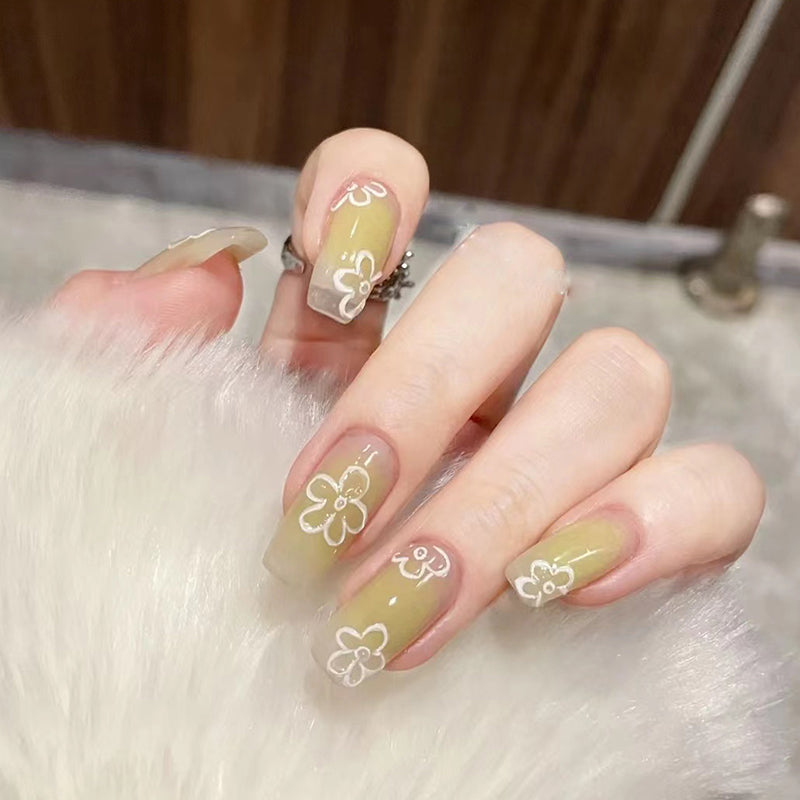 Enchanted Floral Garden Long Length Square Olive Green Press On Nail Set with Delicate White Flower Accents