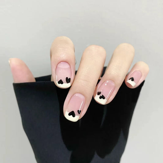 Parisian Romance Medium Square beige Press On Nails with Black Heart Accents