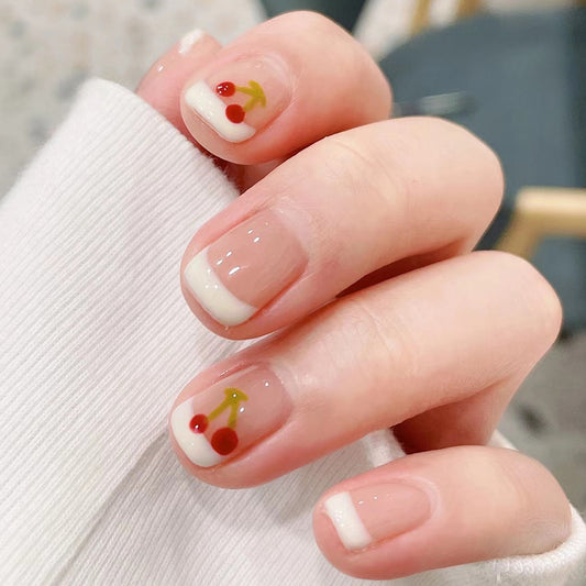 Cherry Blossom Festival Short Square beige Press On Nails with White Tips and Red Cherry Accents
