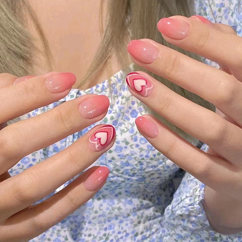 Romantic Affair Collection Medium-Length Oval Pink Press On Nails with Love Heart Design