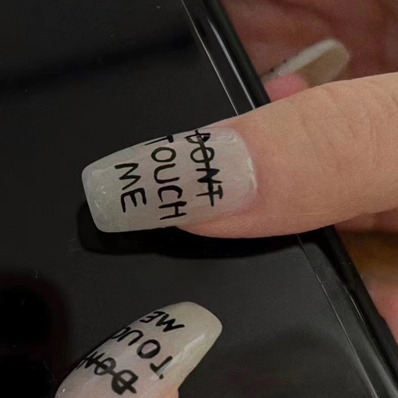 Bold Statement Extra-Long Coffin Beige Press On Nails with Edgy Text Accent